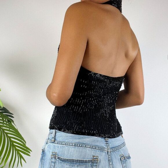 Vintage 90s Grunge Silk Beaded Whimsygoth Glam Baddie Vest Halter Top / Sz: 6 - Picture 2 of 5